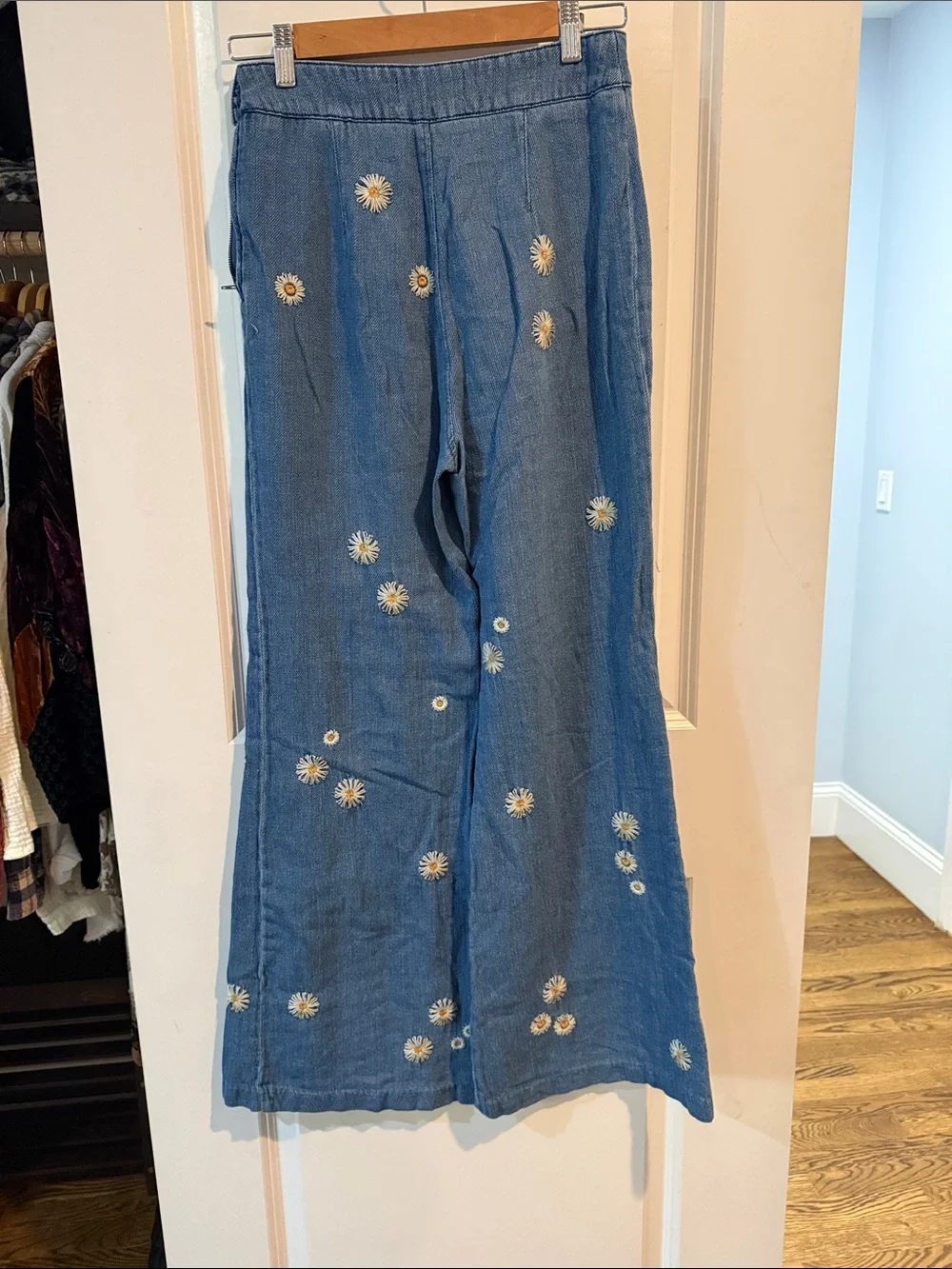 Free People Blue Denim Wide-Leg Pants with Daisy Embroidery